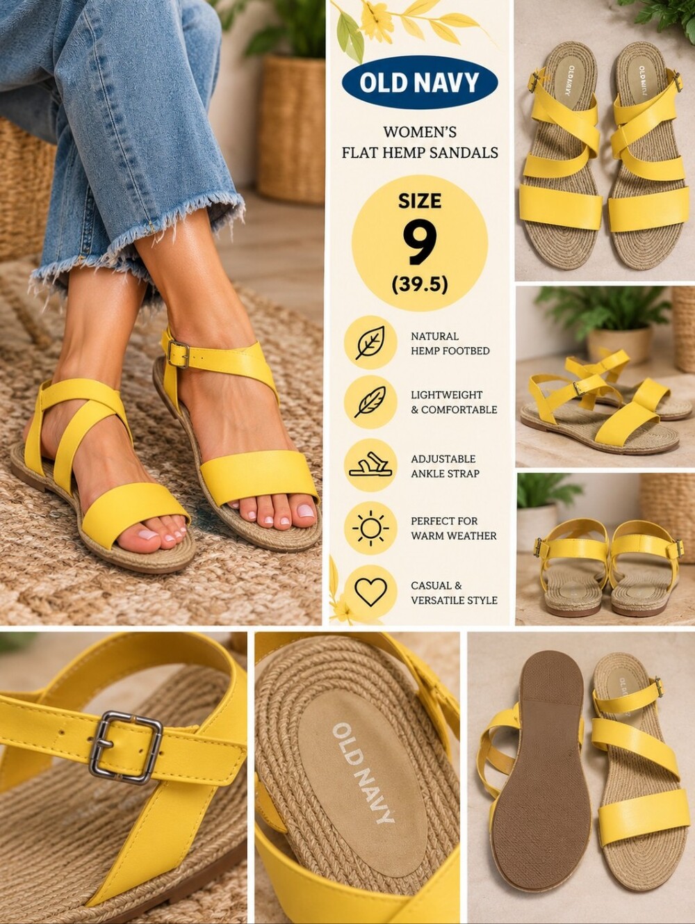 Old navy Women's Size 9 yellow flat hemp sandals #37